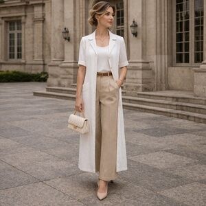 Linda Lundstrom duster coat size 10 buttons white maxi corporate girlie capsule